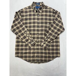 Towncraft Mens LARGE Plaid Button Down Shirt Tan Navy Wrinkle Free Long Sleeve